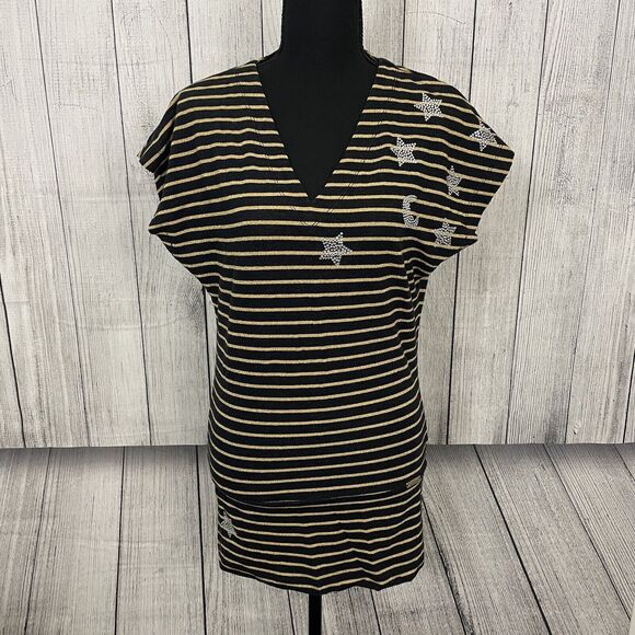 John Galliano Tops - John Galliano Women's Medium Black & Gold Striped Designer Stretch Blouse Y2K